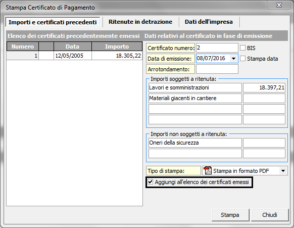 Elenco certificati precedenti