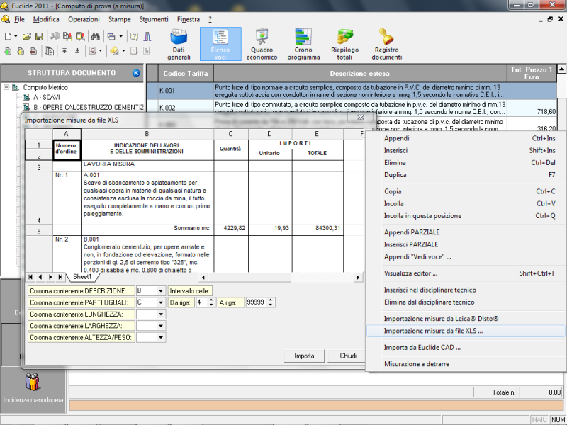 Importazione misure da file XLS