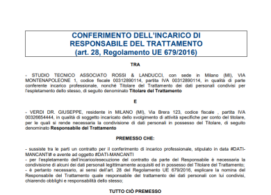 Conferimento di incarico al responsabile del trattamento dati