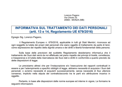 Informativa sul trattamento dei dati personali